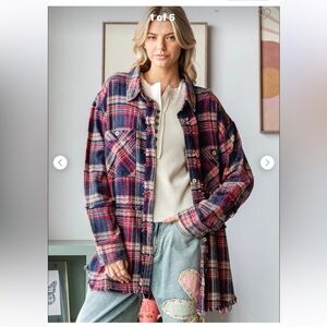 Oli & Hali Long Plaid Button Down Flannel Boho Shirt Large Pink Fringe Oversized